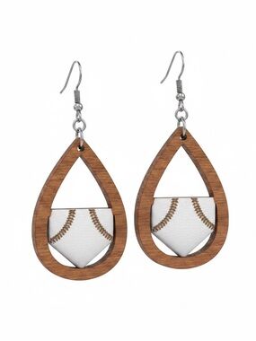 Wood Teardrop Baseball Stitch Earrings - White & Brown